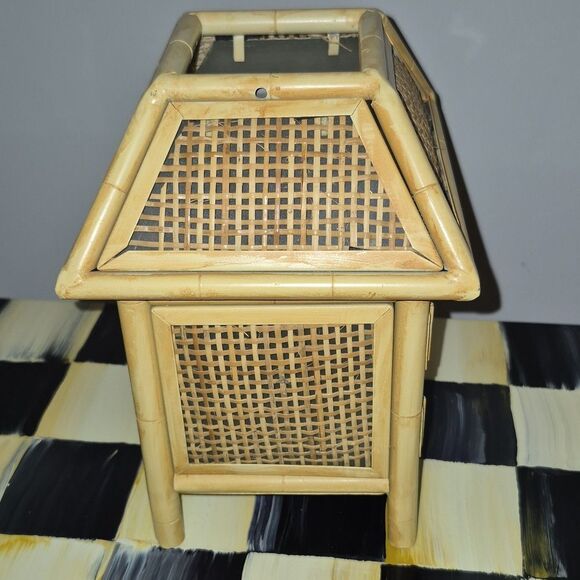 Vintage Metal Bamboo & Raffia MCM Tiki Hut Tea Light Holder Boho
